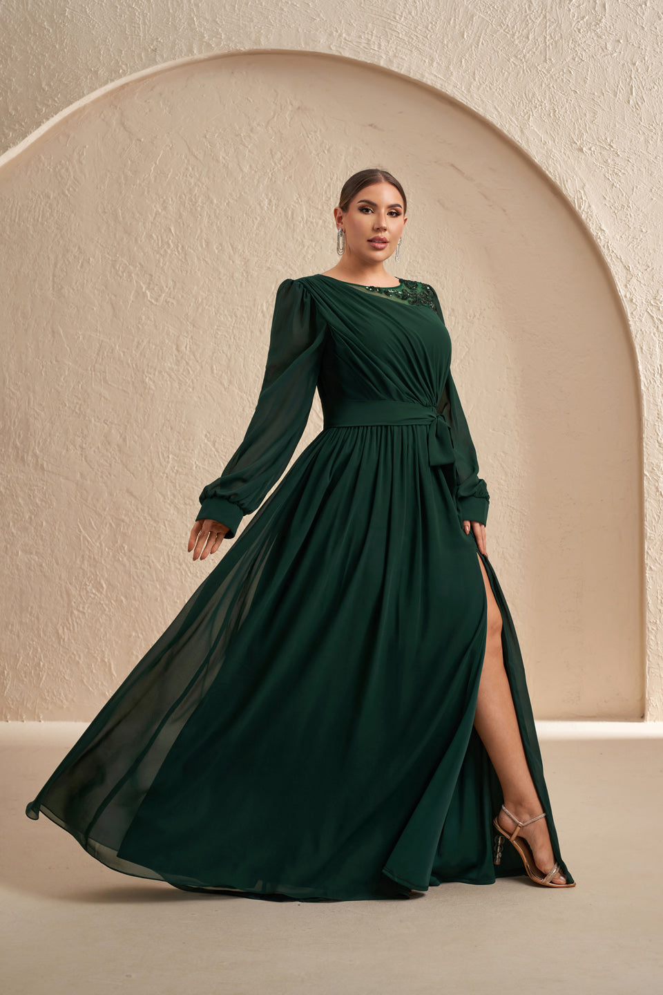 Luxury Emerald Green Sequin Evening Dress with Bow SF607