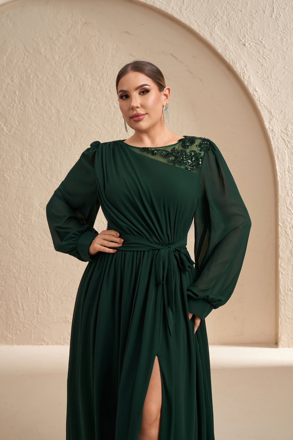 Luxury Emerald Green Sequin Evening Dress with Bow SF607