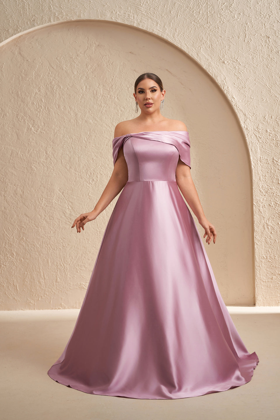 Elegant Pink Satin Off-Shoulder A-Line Evening Dress SF614