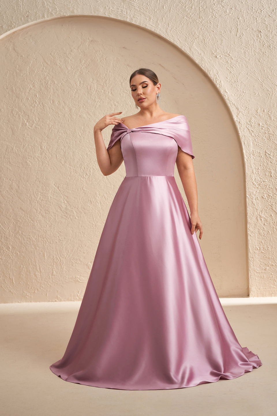 Elegant Pink Satin Off-Shoulder A-Line Evening Dress SF614
