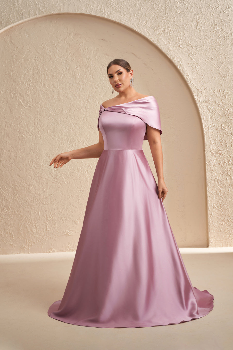 Elegant Pink Satin Off-Shoulder A-Line Evening Dress SF614