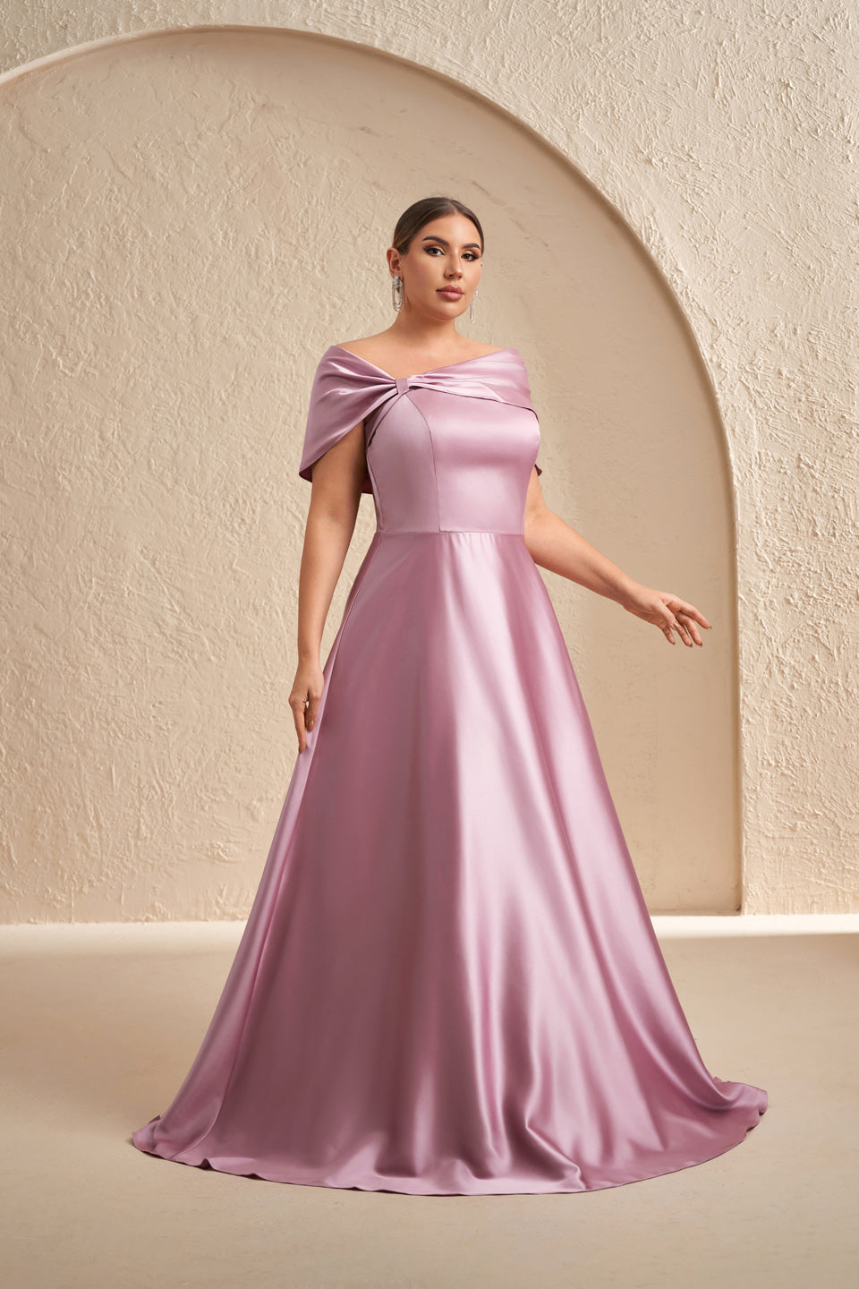 Elegant Pink Satin Off-Shoulder A-Line Evening Dress SF614