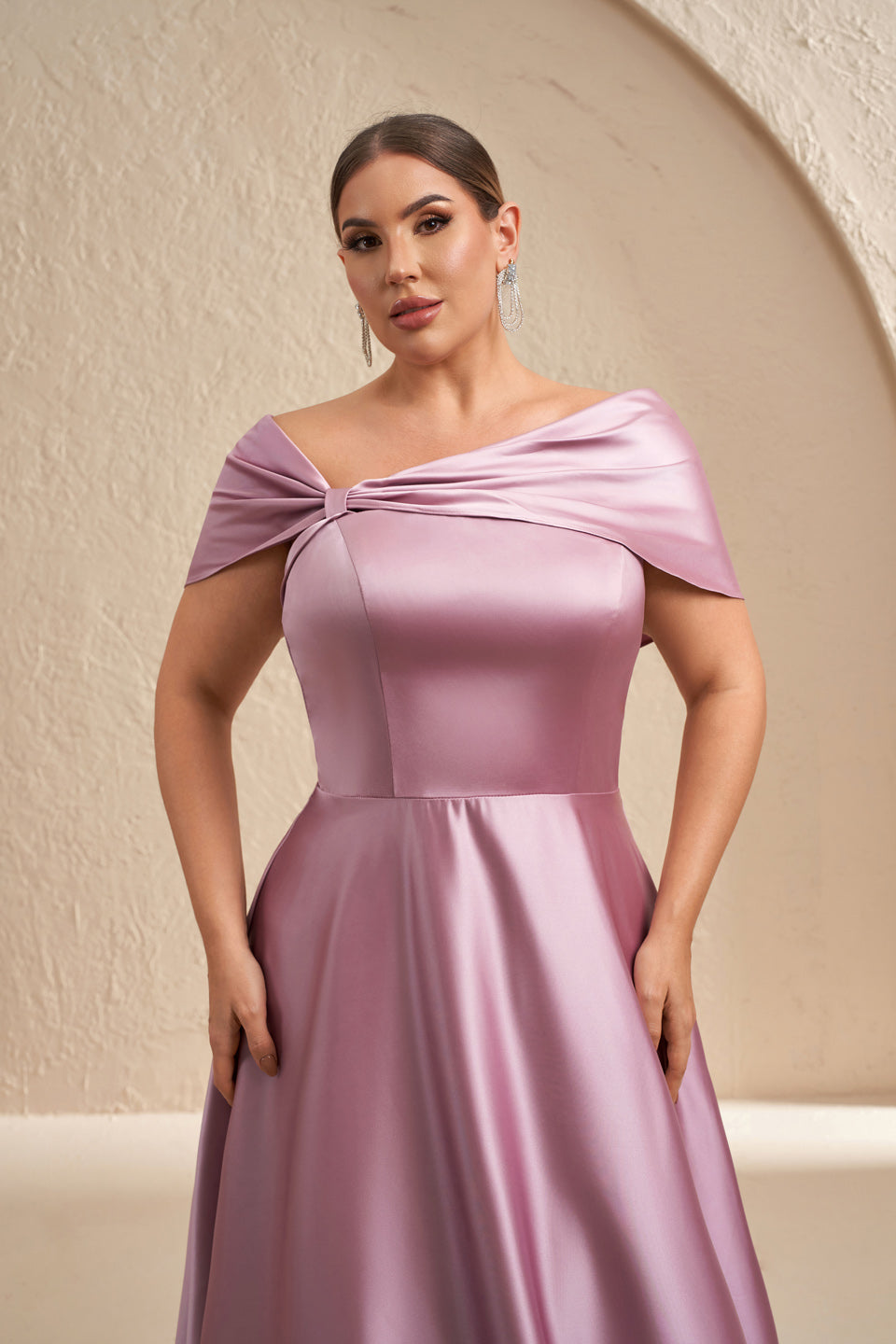 Elegant Pink Satin Off-Shoulder A-Line Evening Dress SF614