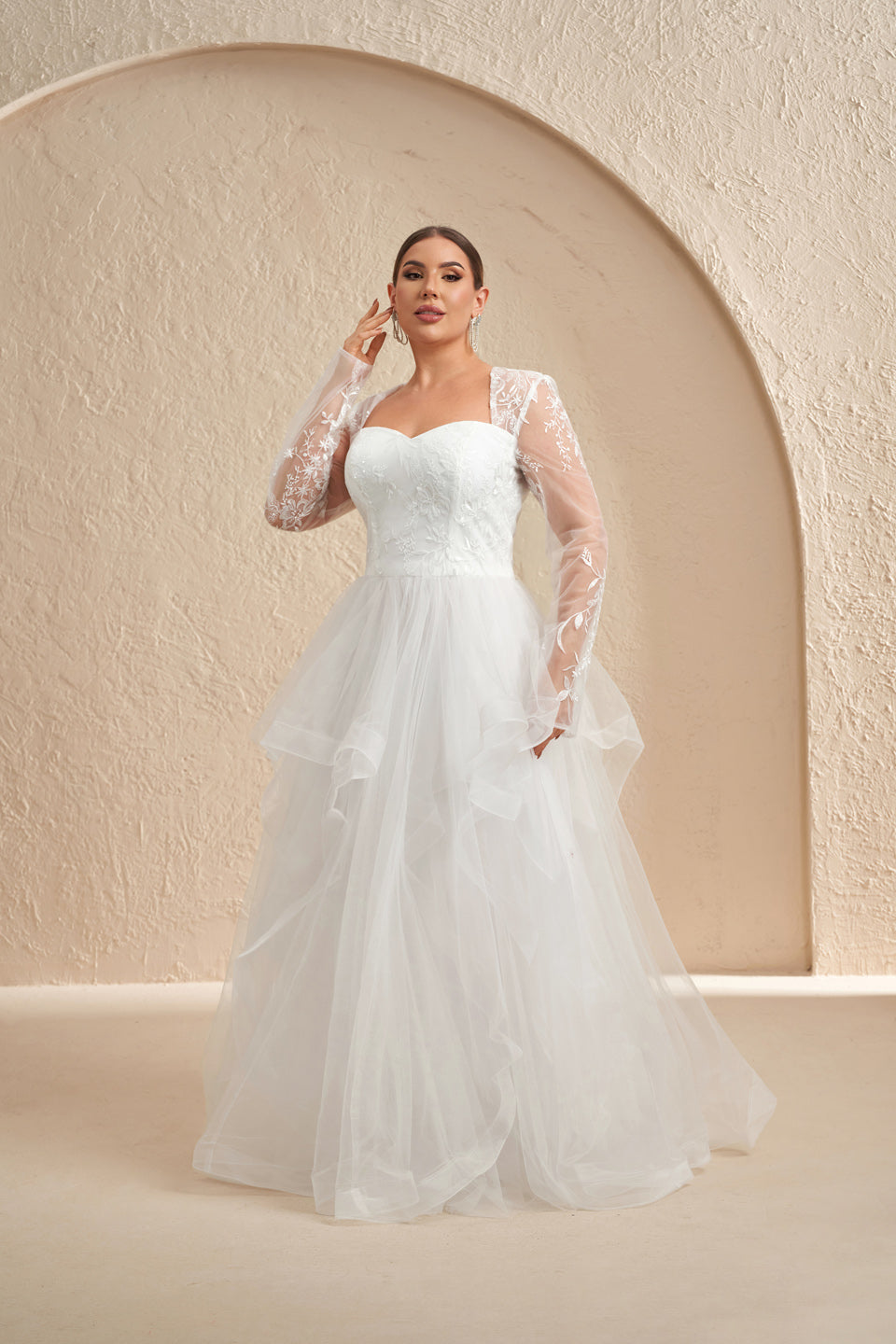 Luxury White Draped Long-Sleeve Ball Gown Wedding Dress SF603