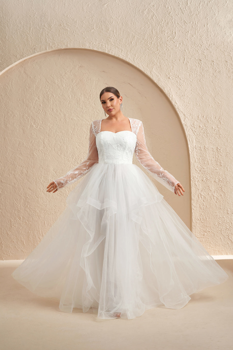 Luxury White Draped Long-Sleeve Ball Gown Wedding Dress SF603