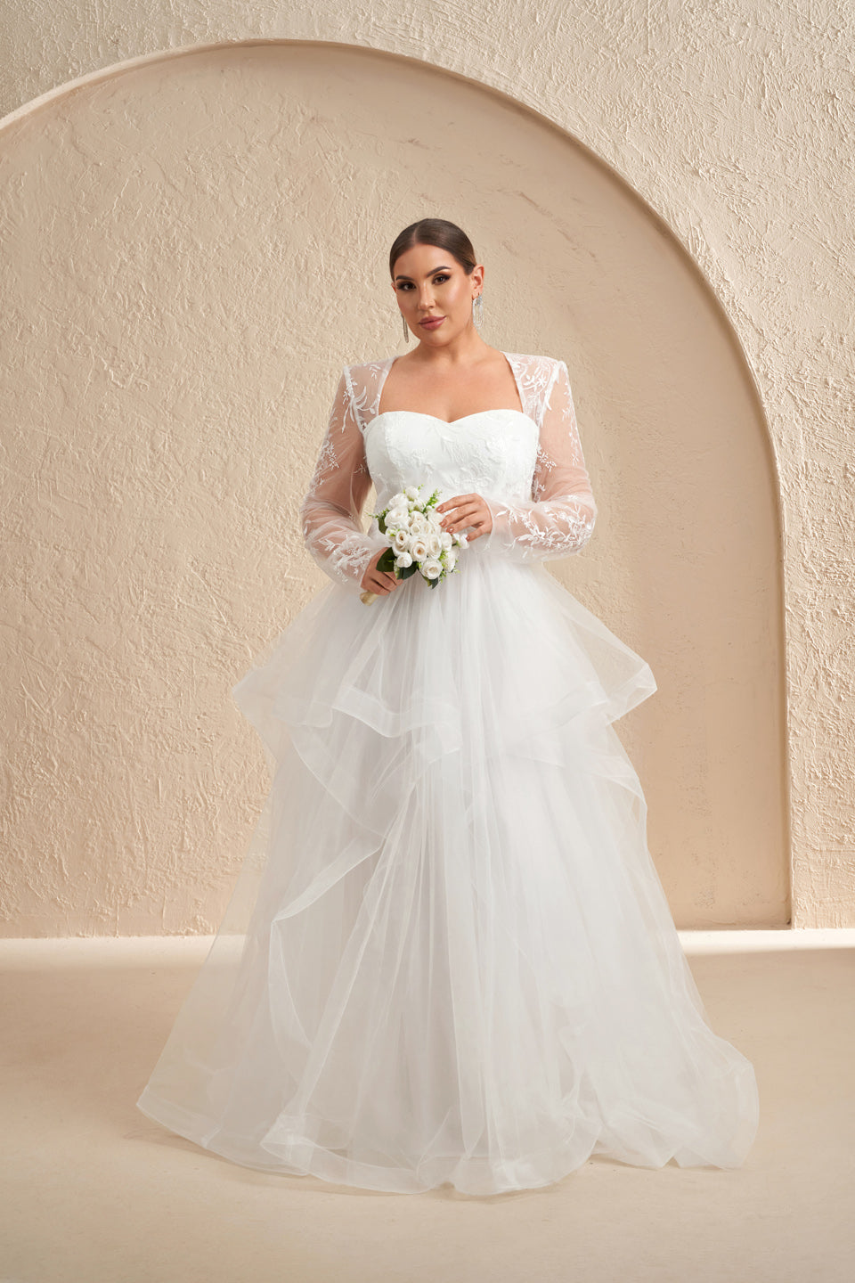 Luxury White Draped Long-Sleeve Ball Gown Wedding Dress SF603