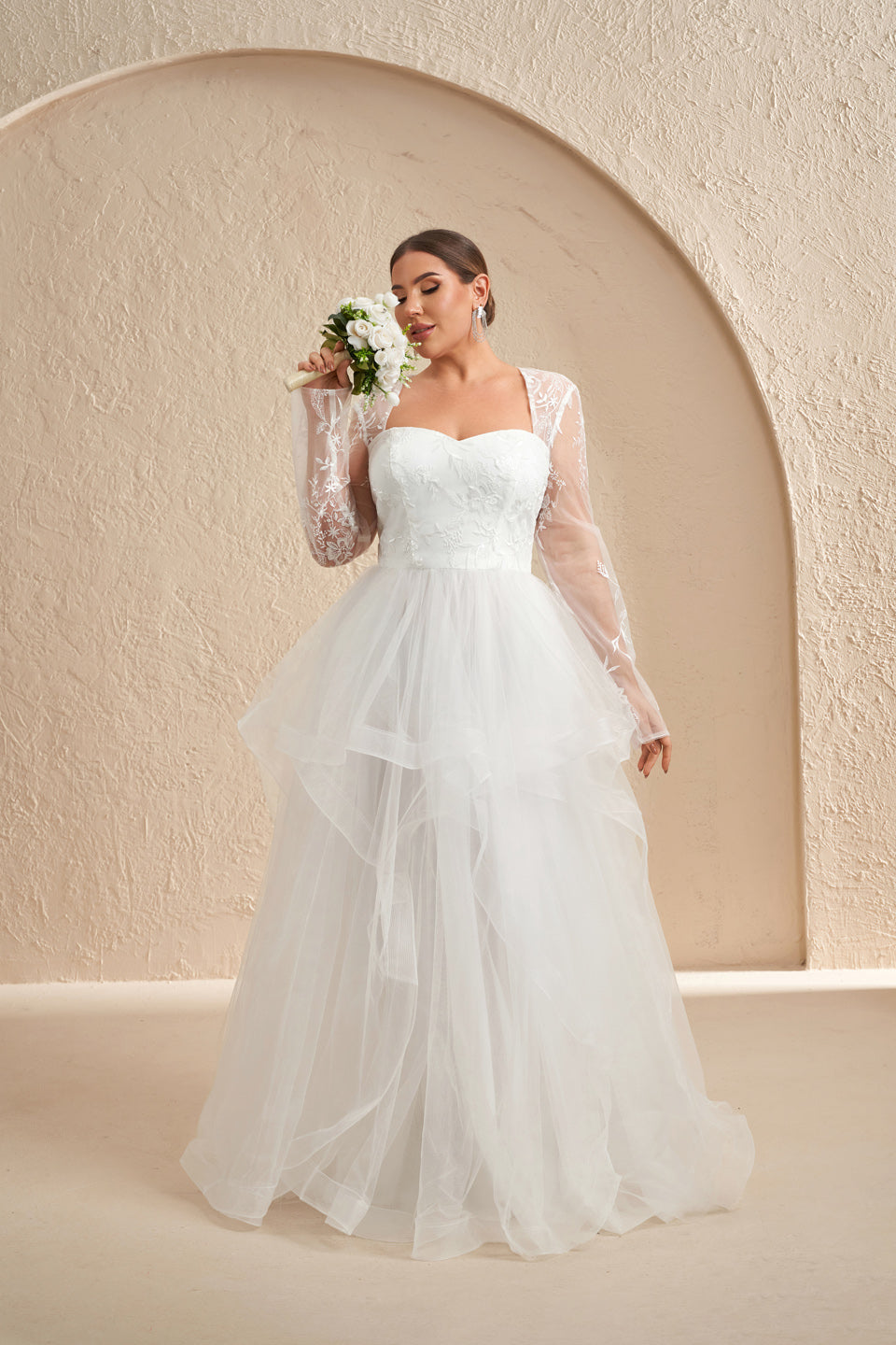 Luxury White Draped Long-Sleeve Ball Gown Wedding Dress SF603