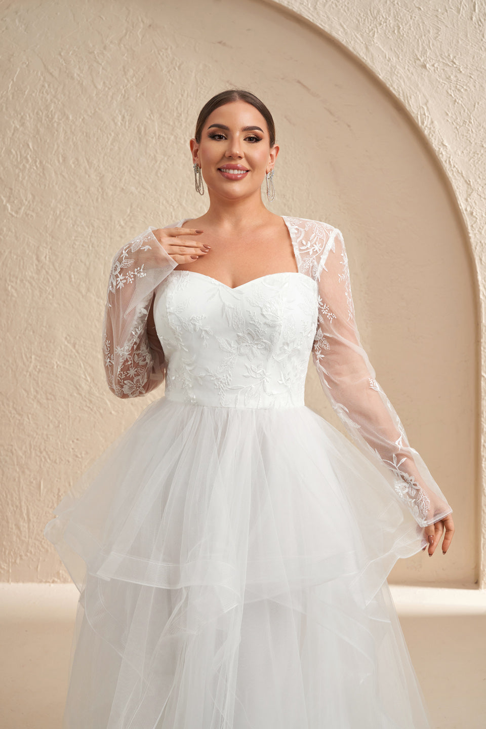Luxury White Draped Long-Sleeve Ball Gown Wedding Dress SF603