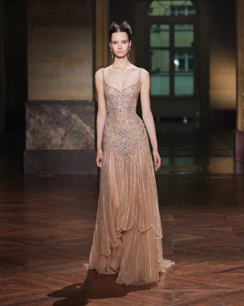 Elegant Champagne Ruffled Beaded Evening Dress SS552