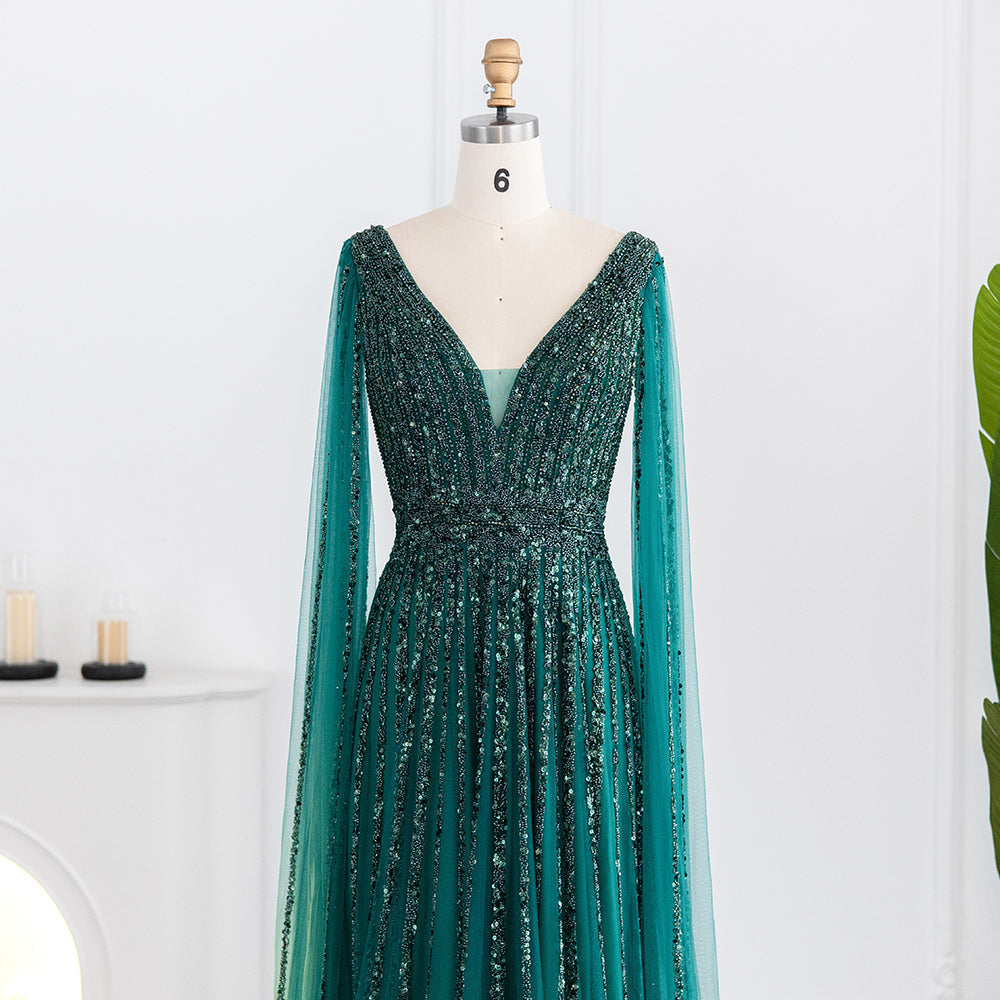 Luxury Beaded Nude Evening Dress with Cape Sleeves SS322