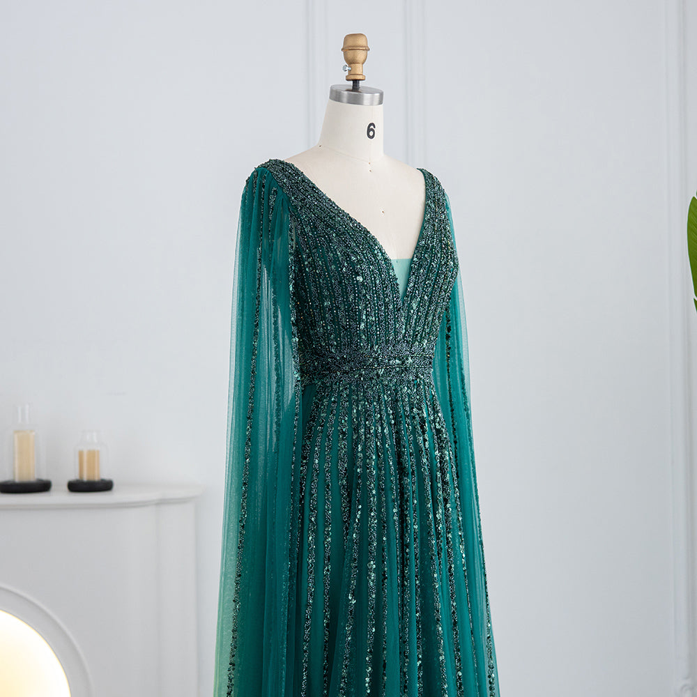 Luxury Beaded Nude Evening Dress with Cape Sleeves SS322