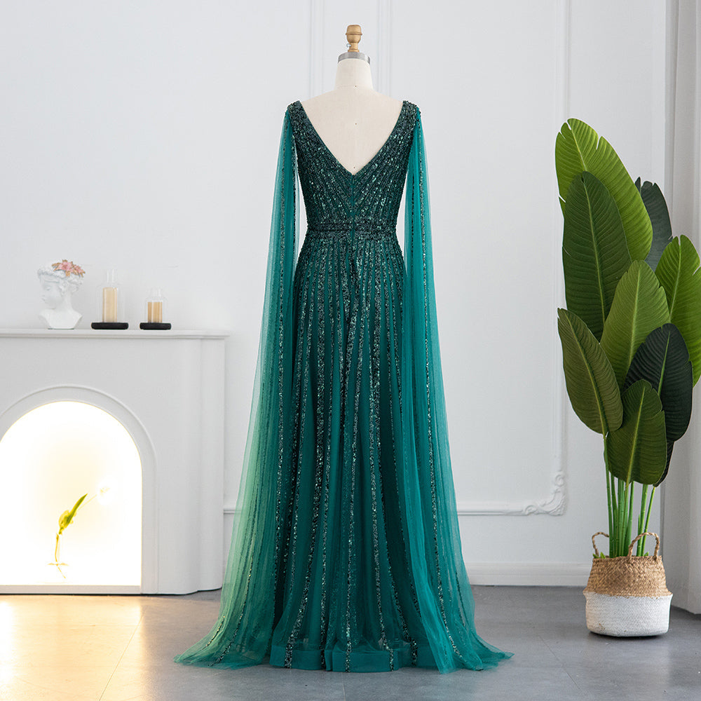 Luxury Beaded Nude Evening Dress with Cape Sleeves SS322