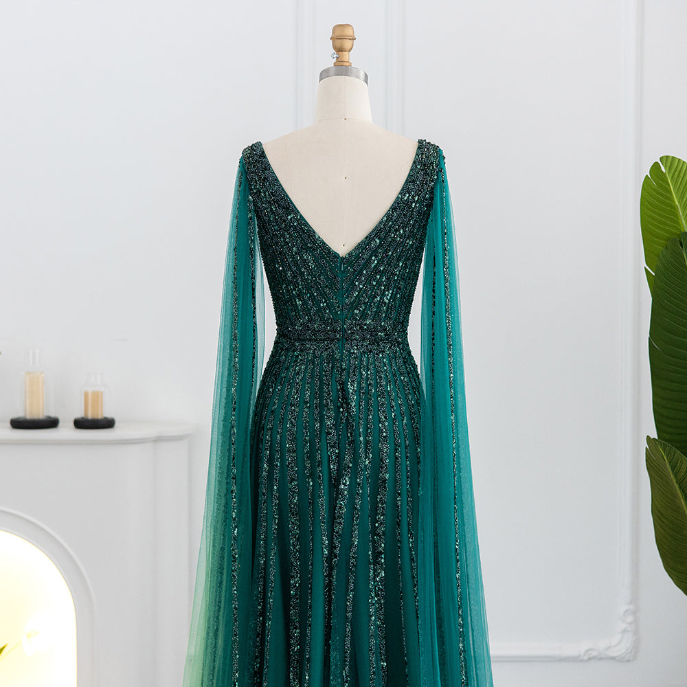 Luxury Beaded Nude Evening Dress with Cape Sleeves SS322