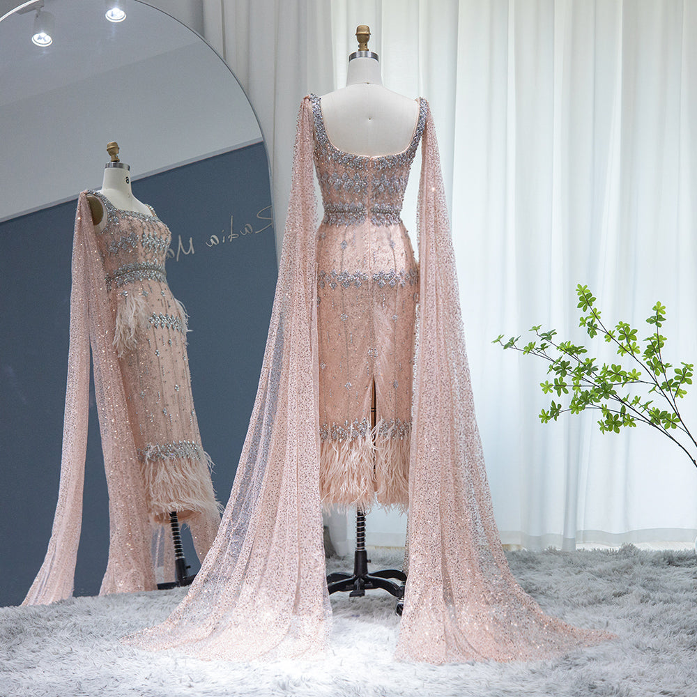 Luxury Feathers Gray Mermaid Evening Dress with Cape SS279