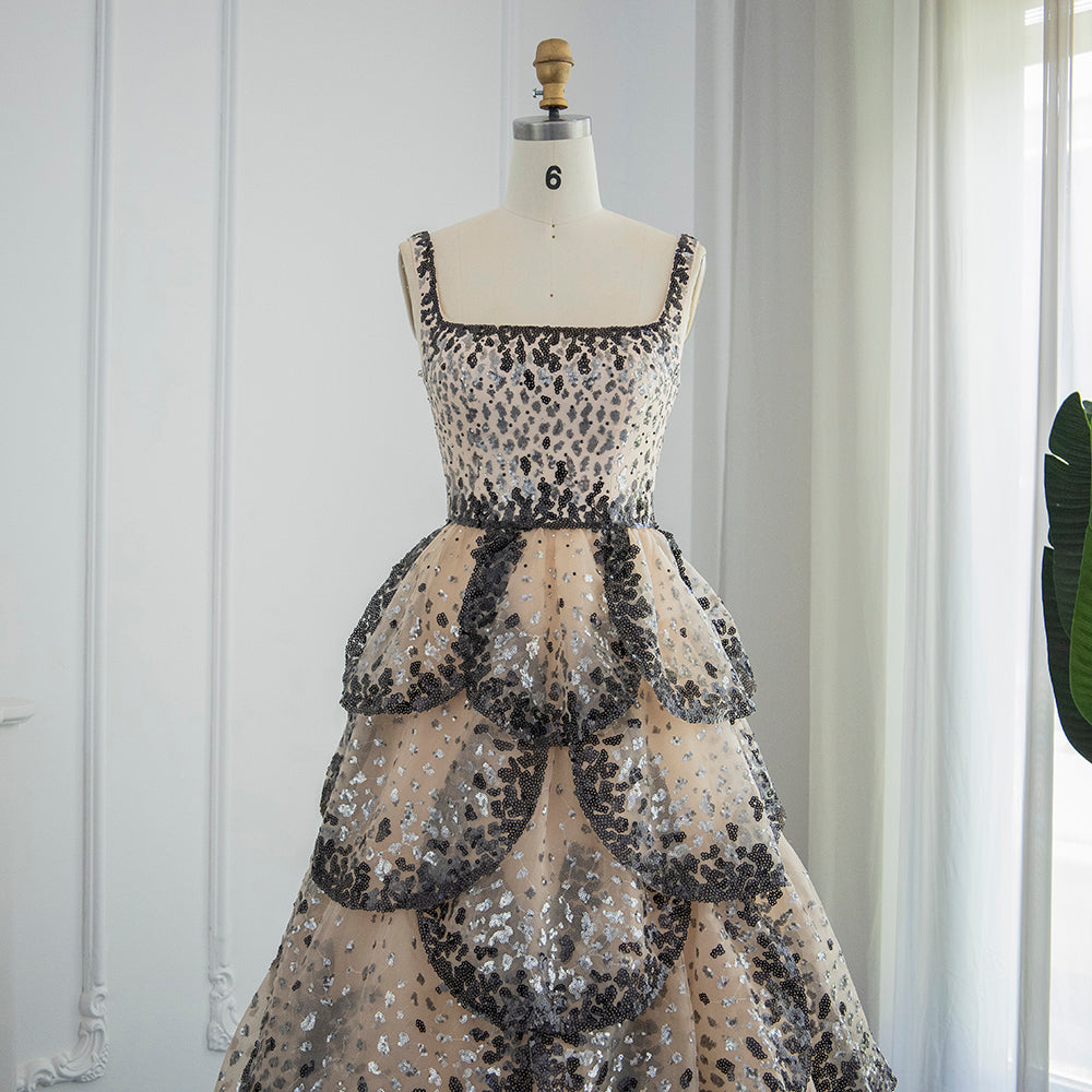 Luxury Black Champagne Sequin Tiered Ruffles Evening Dresses SS243