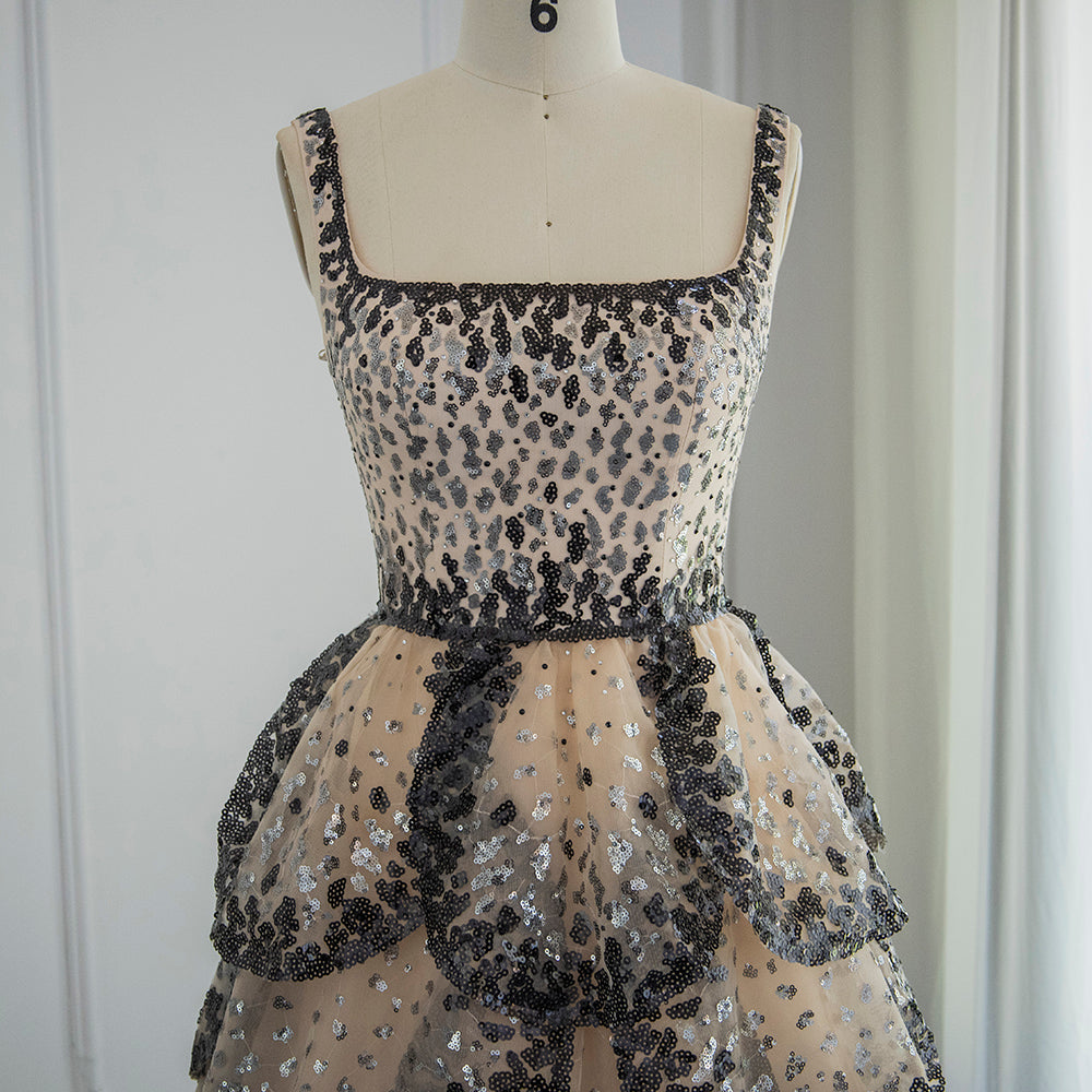 Luxury Black Champagne Sequin Tiered Ruffles Evening Dresses SS243