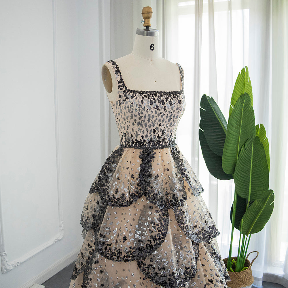 Luxury Black Champagne Sequin Tiered Ruffles Evening Dresses SS243