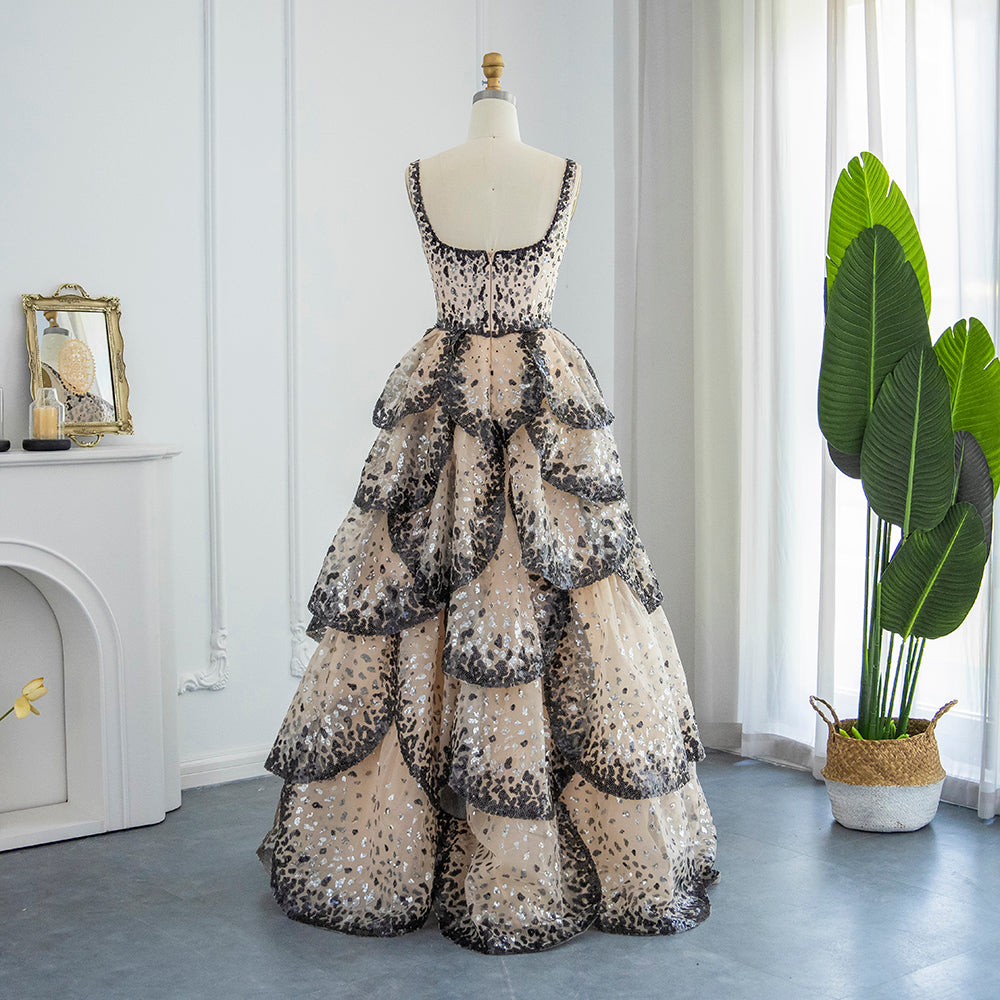 Luxury Black Champagne Sequin Tiered Ruffles Evening Dresses SS243