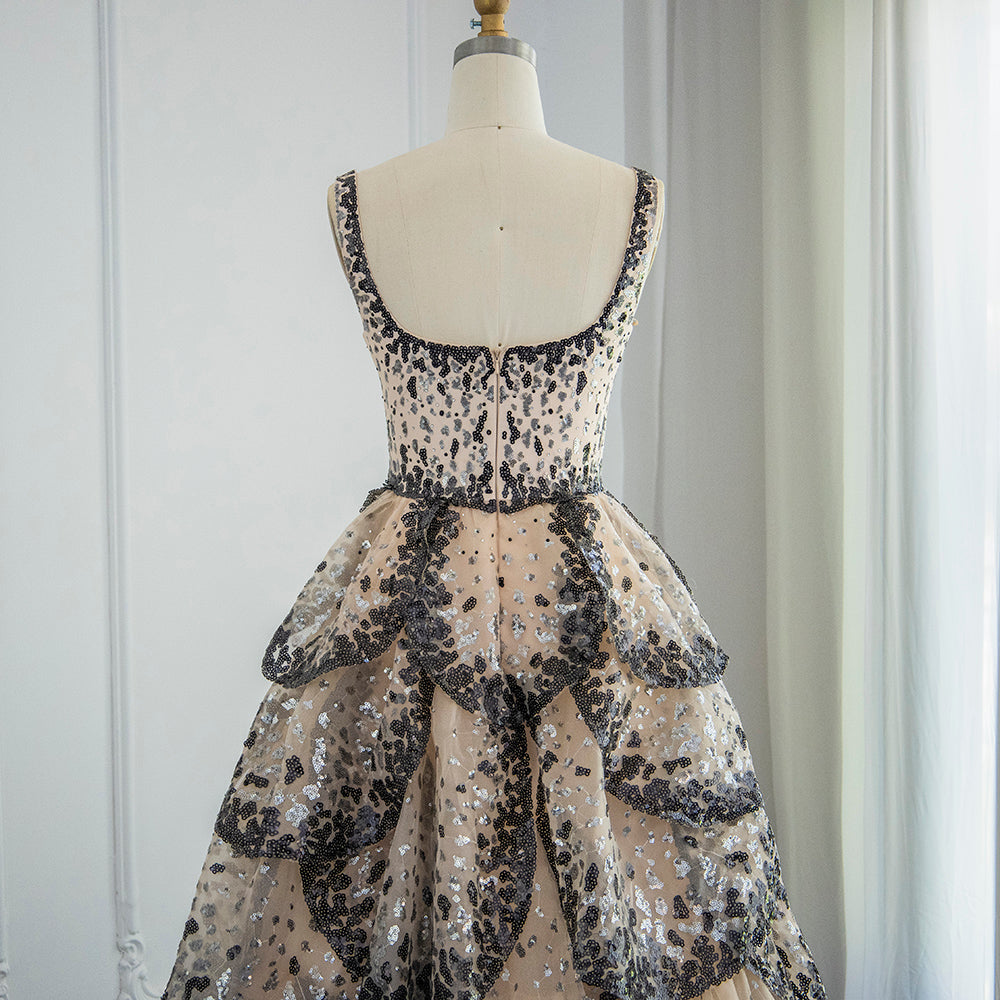 Luxury Black Champagne Sequin Tiered Ruffles Evening Dresses SS243