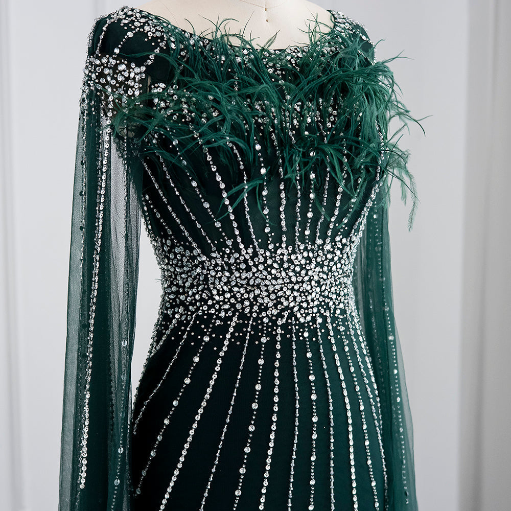 Luxury Feathers Silver Nude Evening Dress with Cape Sleeves SS348