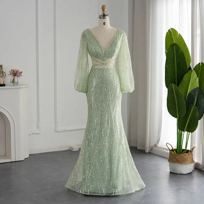 Luxury Beaded Long Sleeves Sage Green Formal Dress RM033