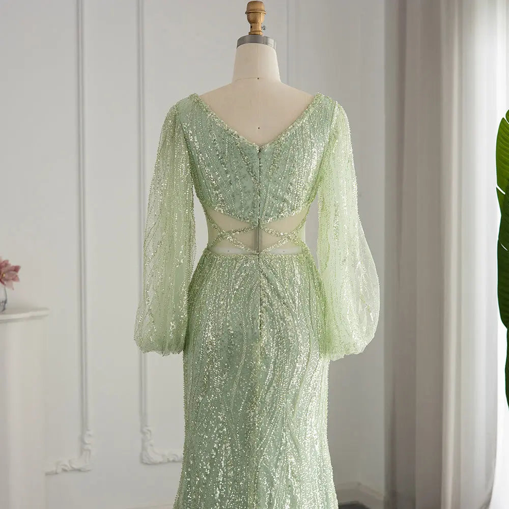 Luxury Beaded Long Sleeves Sage Green Formal Dress RM033