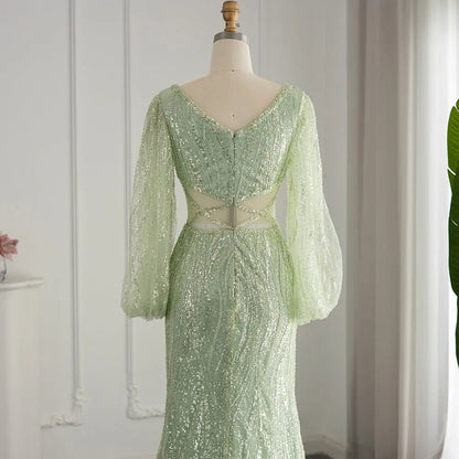 Luxury Beaded Long Sleeves Sage Green Formal Dress RM033