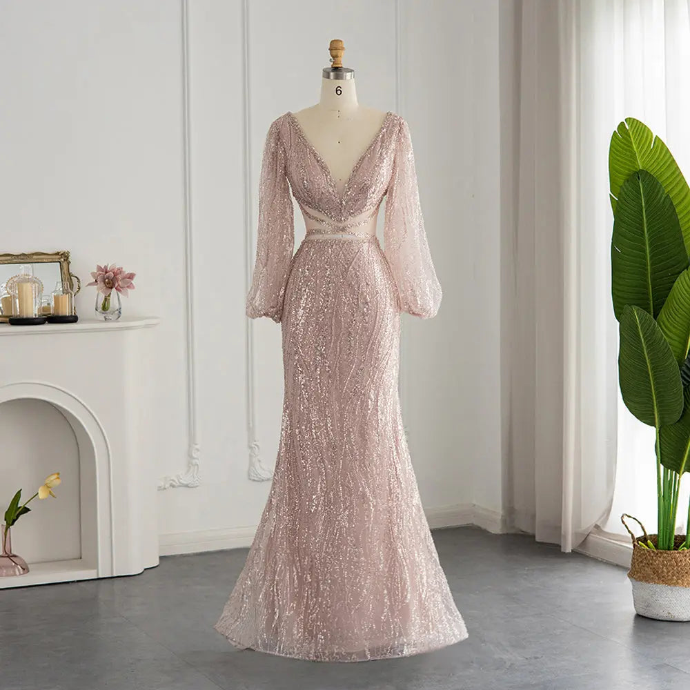 Luxury Beaded Long Sleeves Sage Green Formal Dress RM033