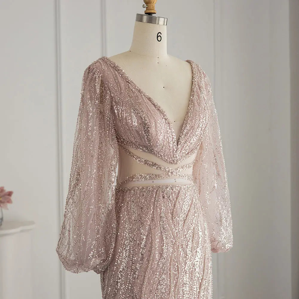 Luxury Beaded Long Sleeves Sage Green Formal Dress RM033
