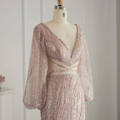 Luxury Beaded Long Sleeves Sage Green Formal Dress RM033