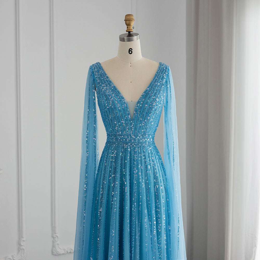 Luxury Beaded Nude Evening Dress with Cape Sleeves SS322