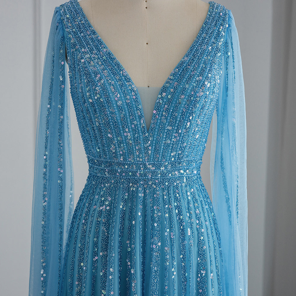 Luxury Beaded Nude Evening Dress with Cape Sleeves SS322