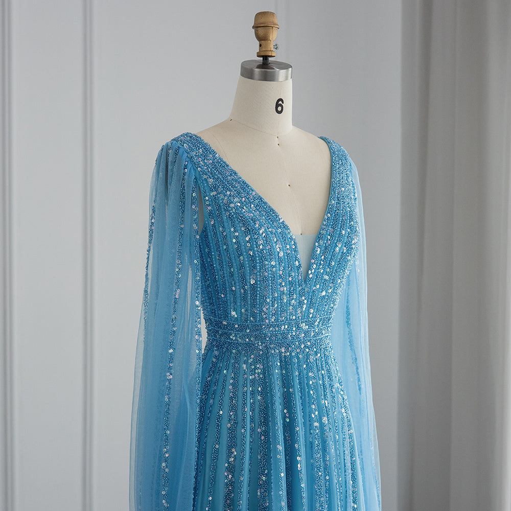 Luxury Beaded Nude Evening Dress with Cape Sleeves SS322