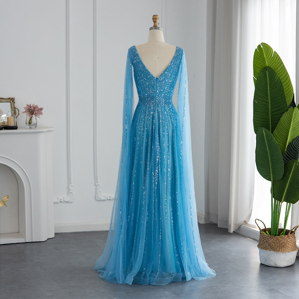 Luxury Beaded Nude Evening Dress with Cape Sleeves SS322