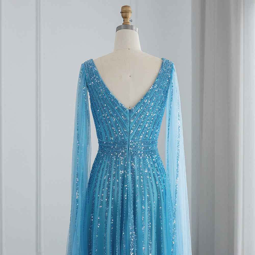 Luxury Beaded Nude Evening Dress with Cape Sleeves SS322