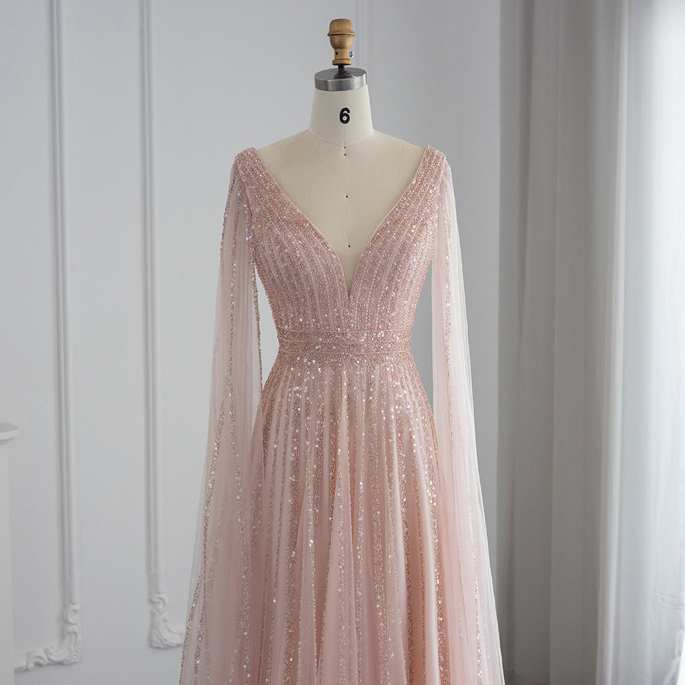 Luxury Beaded Nude Evening Dress with Cape Sleeves SS322