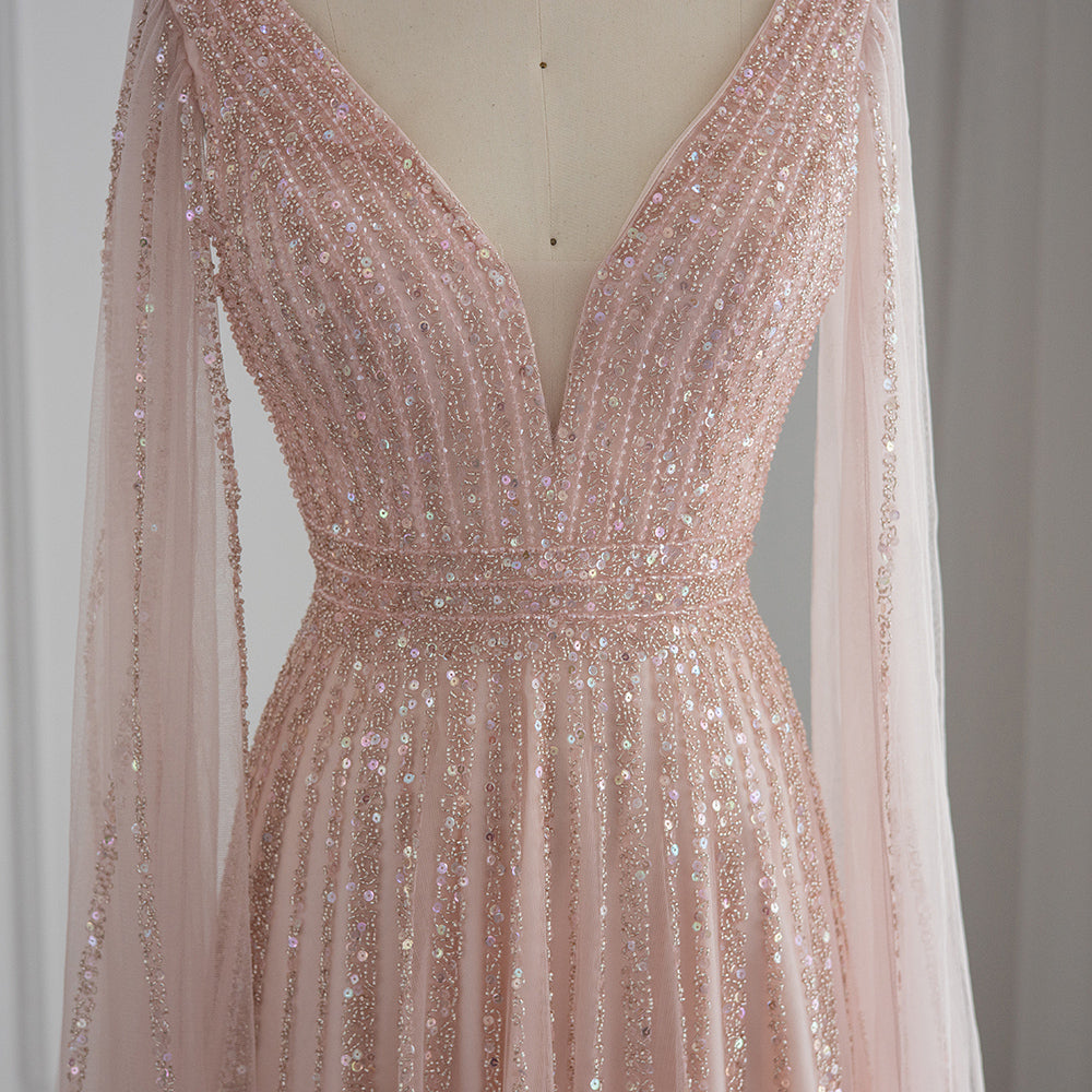 Luxury Beaded Nude Evening Dress with Cape Sleeves SS322