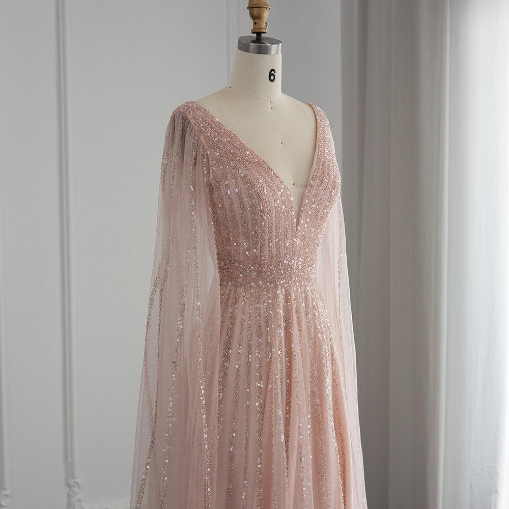 Luxury Beaded Nude Evening Dress with Cape Sleeves SS322