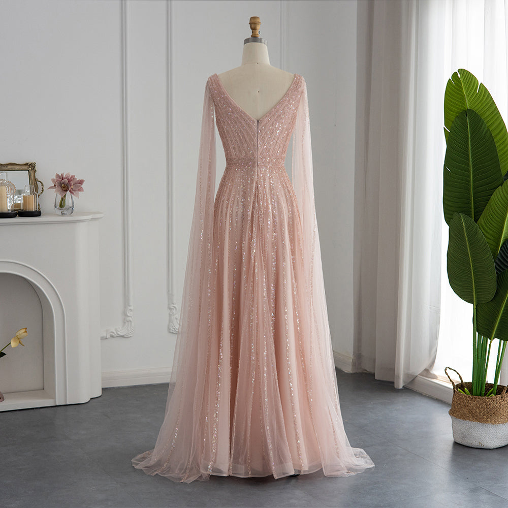 Luxury Beaded Nude Evening Dress with Cape Sleeves SS322