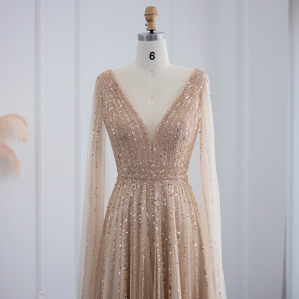 Luxury Beaded Nude Evening Dress with Cape Sleeves SS322