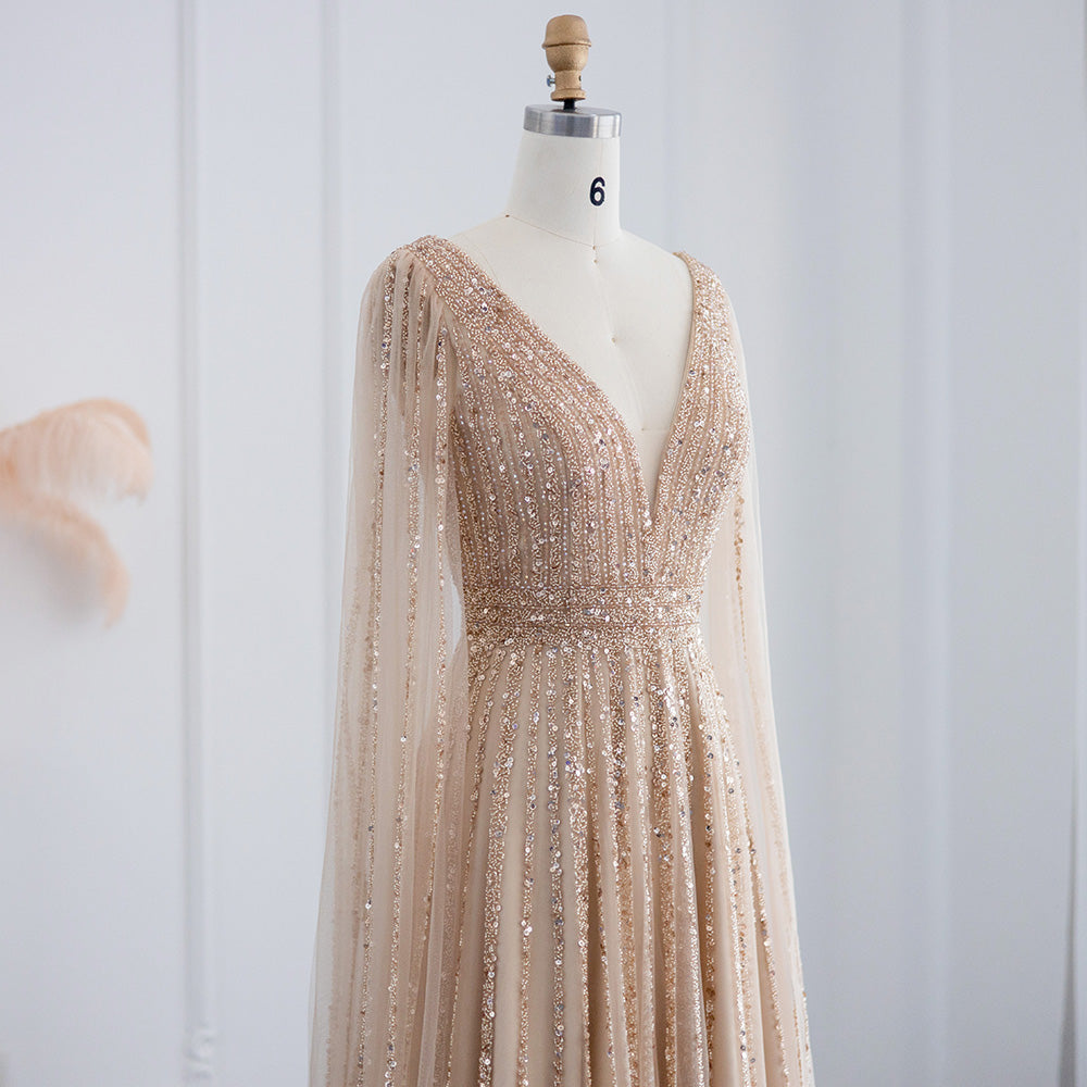 Luxury Beaded Nude Evening Dress with Cape Sleeves SS322