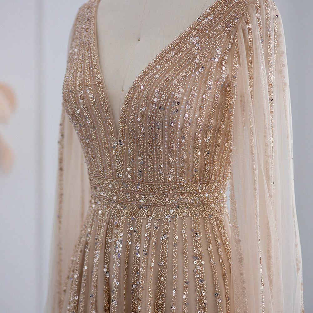 Luxury Beaded Nude Evening Dress with Cape Sleeves SS322