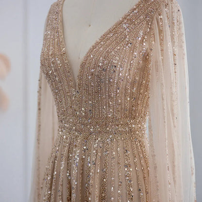 Luxury Nude Evening Dress with Cape Sleeves SS322