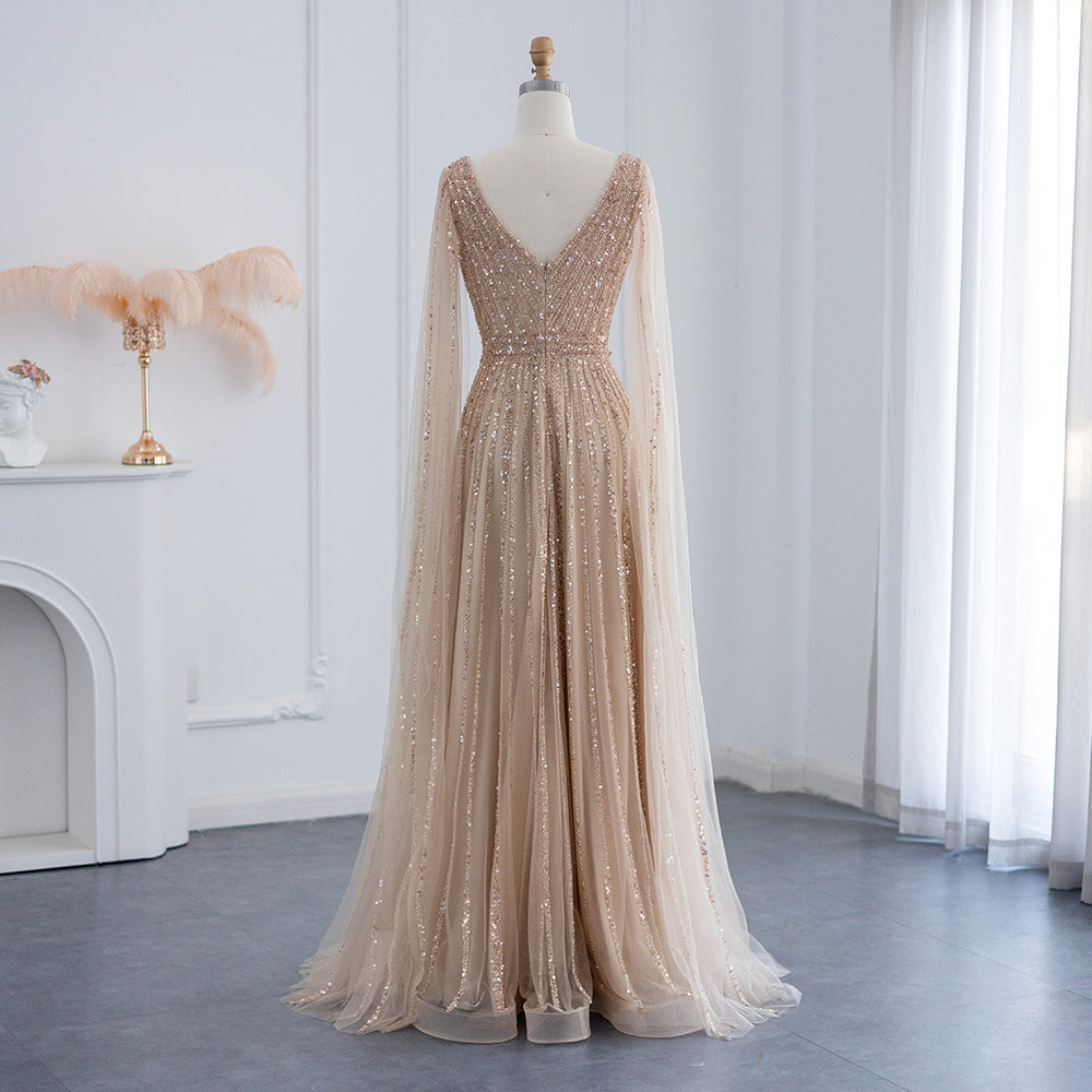 Luxury Beaded Nude Evening Dress with Cape Sleeves SS322