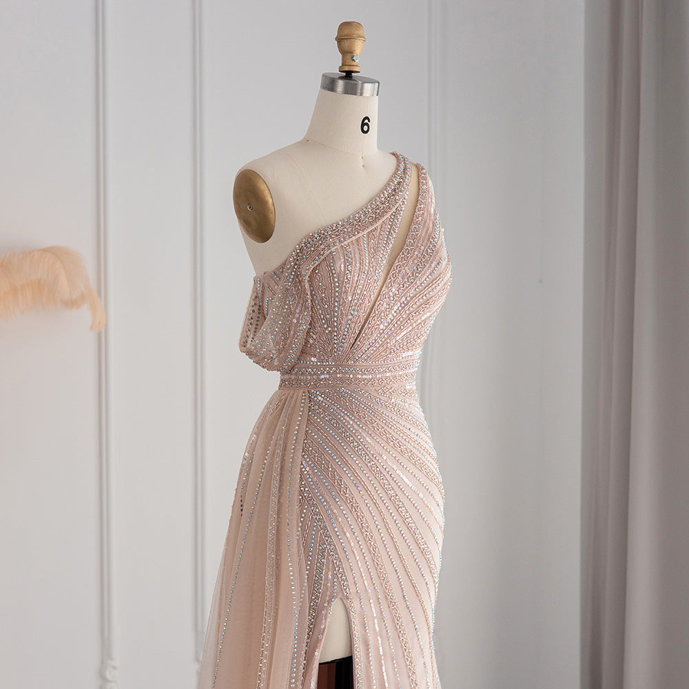Luxury Rose Pink One Shoulder Mermaid Evening Dress with Slit SS337