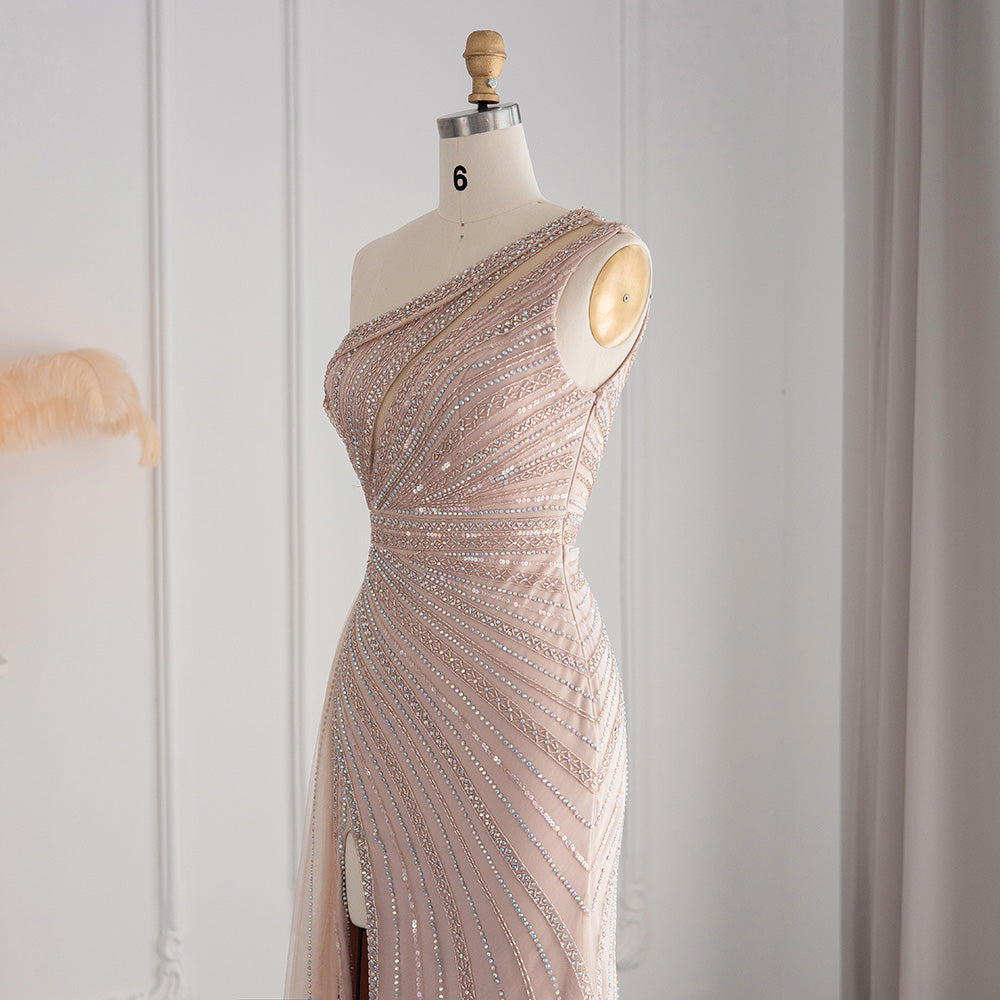 Luxury Rose Pink One Shoulder Mermaid Evening Dress with Slit SS337