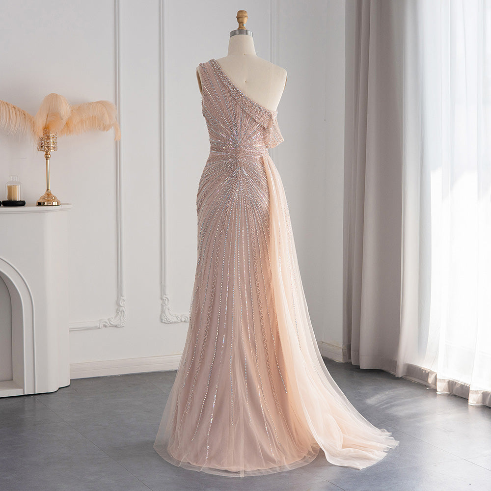 Luxury Rose Pink One Shoulder Mermaid Evening Dress with Slit SS337