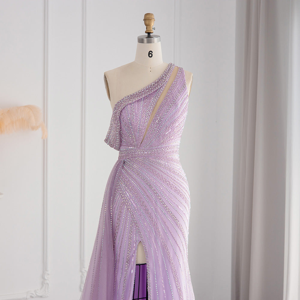 Luxury Rose Pink One Shoulder Mermaid Evening Dress with Slit SS337