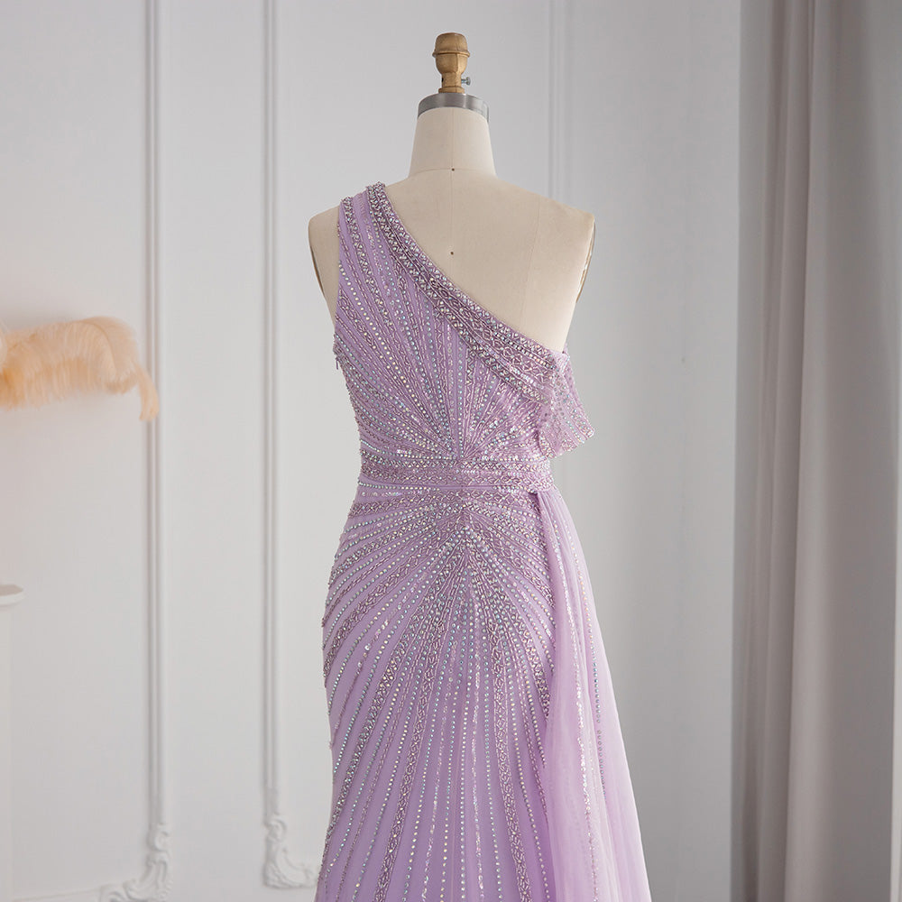 Luxury Rose Pink One Shoulder Mermaid Evening Dress with Slit SS337