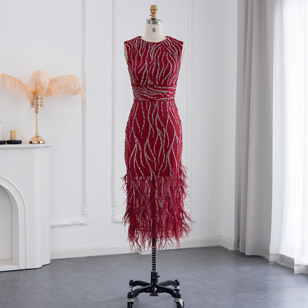 Elegant Beaded Light Blue Midi Evening Dress with Feathers SS499